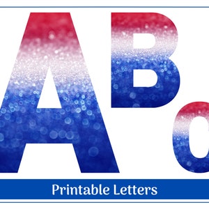 Clipart patriotique de lettres et de chiffres de l'alphabet rouge, blanc et bleu | Imprimable en majuscules de A à Z, chiffres de 0 à 9 | Tableaux d'affichage