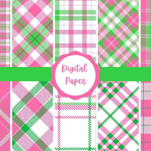 Preppy Pink & Green Plaid Printable Paper | Printable Graphic Clip Art Designs | Digital Paper | Instant Download