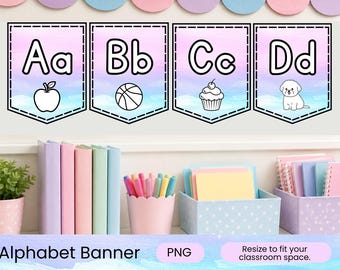 Baner z alfabetem pastelowym, karty z literami i obrazkami dźwiękowymi do druku