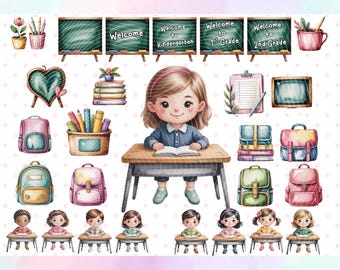 Aquarell Schule Kinder Clipart: Back to School PNG Bundle (Digitaler Download