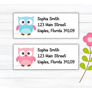 Op de afbeelding: Twee bedrukbare adreslabels met een blauw en roze uilontwerp. De labels bevatten de tekst "Sophia Smith, 123 Main Street, Naples, Florida 34109".