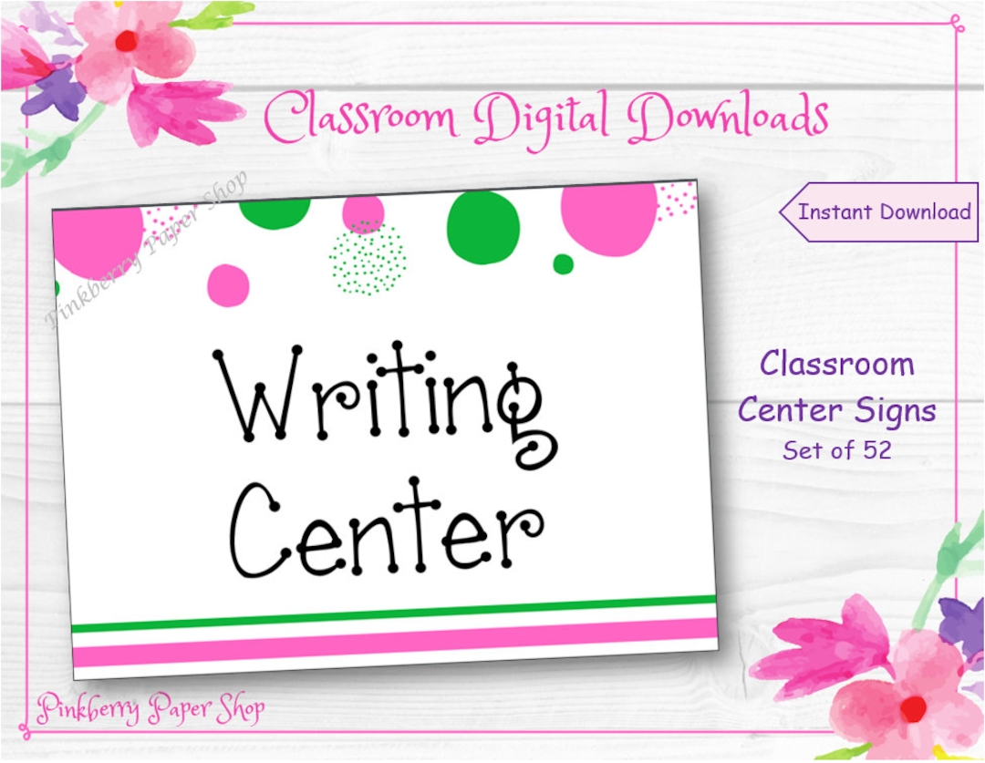Pink & Green Polka Dot Classroom Center Signs: Set of 52 (digital ...