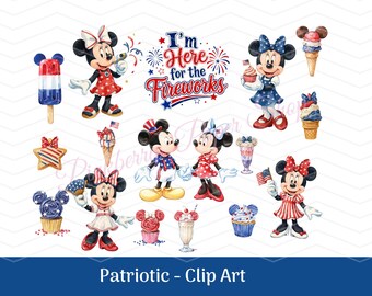 Patriotyczny pakiet grafik Myszki Miki i Myszki Minnie, potrawy z okazji 4 lipca, obrazy PNG