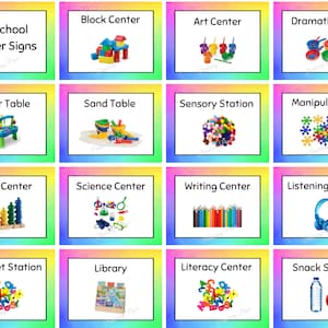 Rainbow Preschool Center Signs Set of 15 Printable Classroom Labels Instant Download image 1