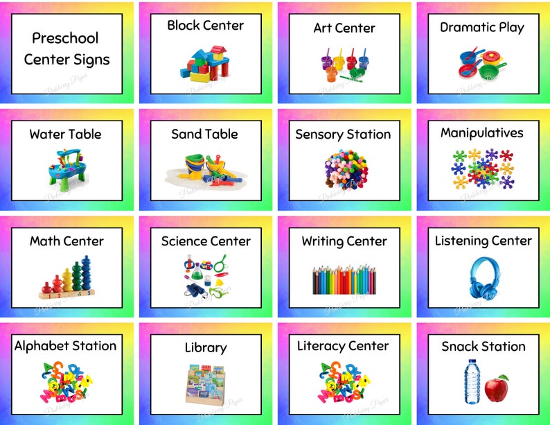 Rainbow Preschool Center Signs Set of 15 Printable Classroom Labels Instant Download image 1