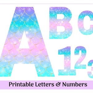 Pastel Mermaid Alphabet Letters & Numbers with Gold Glitter Scales | Banner - Bulletin - Scrapbooking – Sublimation Letters