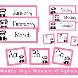 May include: Pink and black panda bear themed printable flashcards for teaching months, days of the week, numbers 1-3, and the alphabet A-C. Each card features a panda bear with a pink bow.