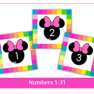 Numéros de calendrier de classe Rainbow Minnie | Ensemble de numéros d'activité | Numéros 1-31 | Cartes numérotées carrées | Imprimable et redimensionnable