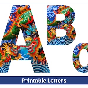 Clipart chinois Dragon Art lettre de l'alphabet | Lettres de l'alphabet numérique | Bannières décoratives | Lettres de classe | Majuscules de A à Z