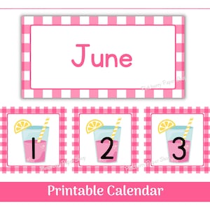 May include: Printable calendar for June with a pink and white gingham pattern. Each day is represented by a pink lemonade glass with a number inside.