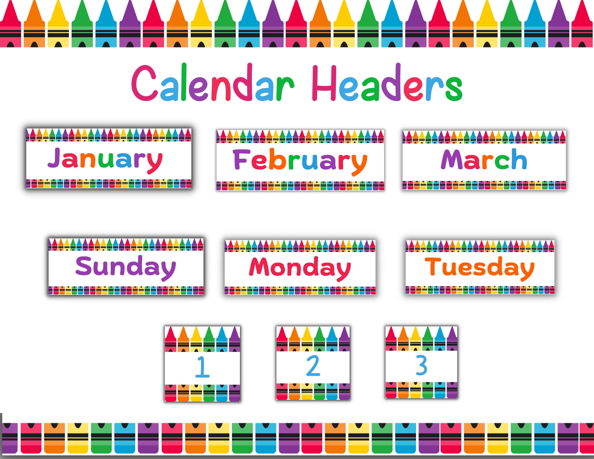 calendar-set-months-of-the-year-headers-days-of-the-week-calendar-numbers-1-31-rainbow-crayons-printable-resizable-calendar-etsy