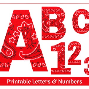 Letras y números del alfabeto de pañuelo rojo, Imágenes prediseñadas imprimibles y de tamaño variable