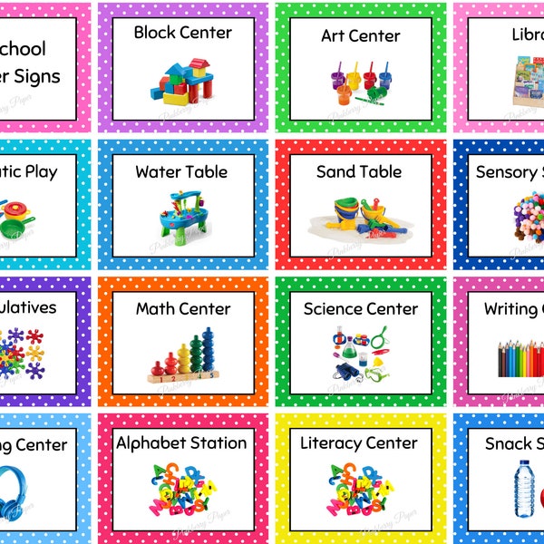 Colorful Polka Dot Preschool Center Signs | Set of 15 Printable Classroom Labels | Instant Download