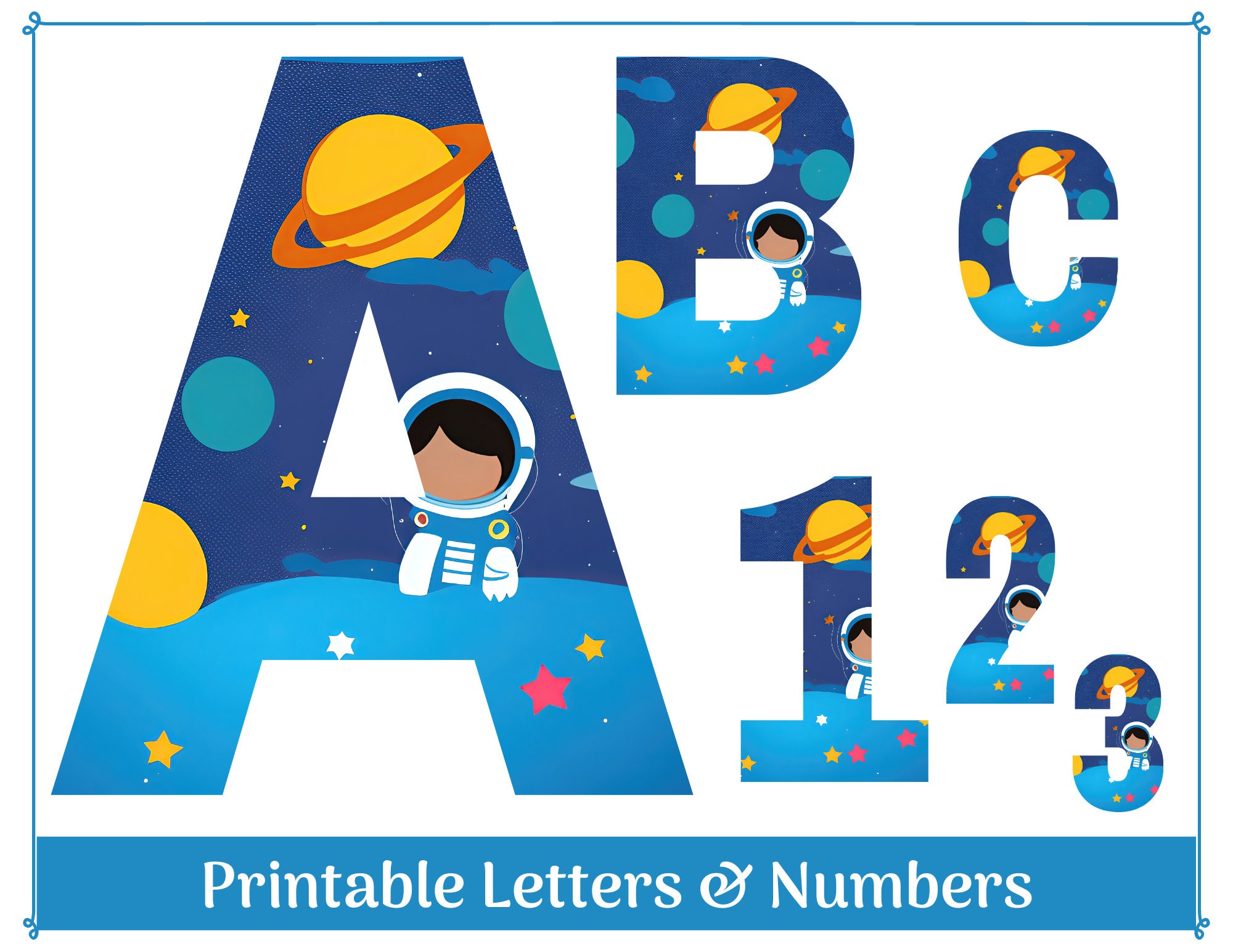 Affiche alphabet, chiffres, planète et fusée