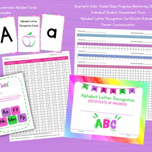 Pode incluir: Materiais educativos para aprender o alfabeto. Inclui cartões do alfabeto com letras maiúsculas e minúsculas, uma lista de verificação de progresso e um certificado de reconhecimento. Os materiais são coloridos e adequados para uso em sala de aula ou em casa.