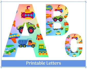 May include: Printable alphabet letters A, B, and C with a colorful background pattern of toy vehicles, airplanes, and submarines. The letters are white with a rainbow gradient background.