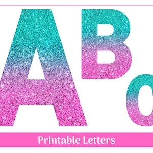 Alphabet scintillant bleu sarcelle et rose de A à Z, chiffres de 0 à 9 | Ensembles de bannières imprimables, babillards, lettres clipart pour scrapbooking et sublimation