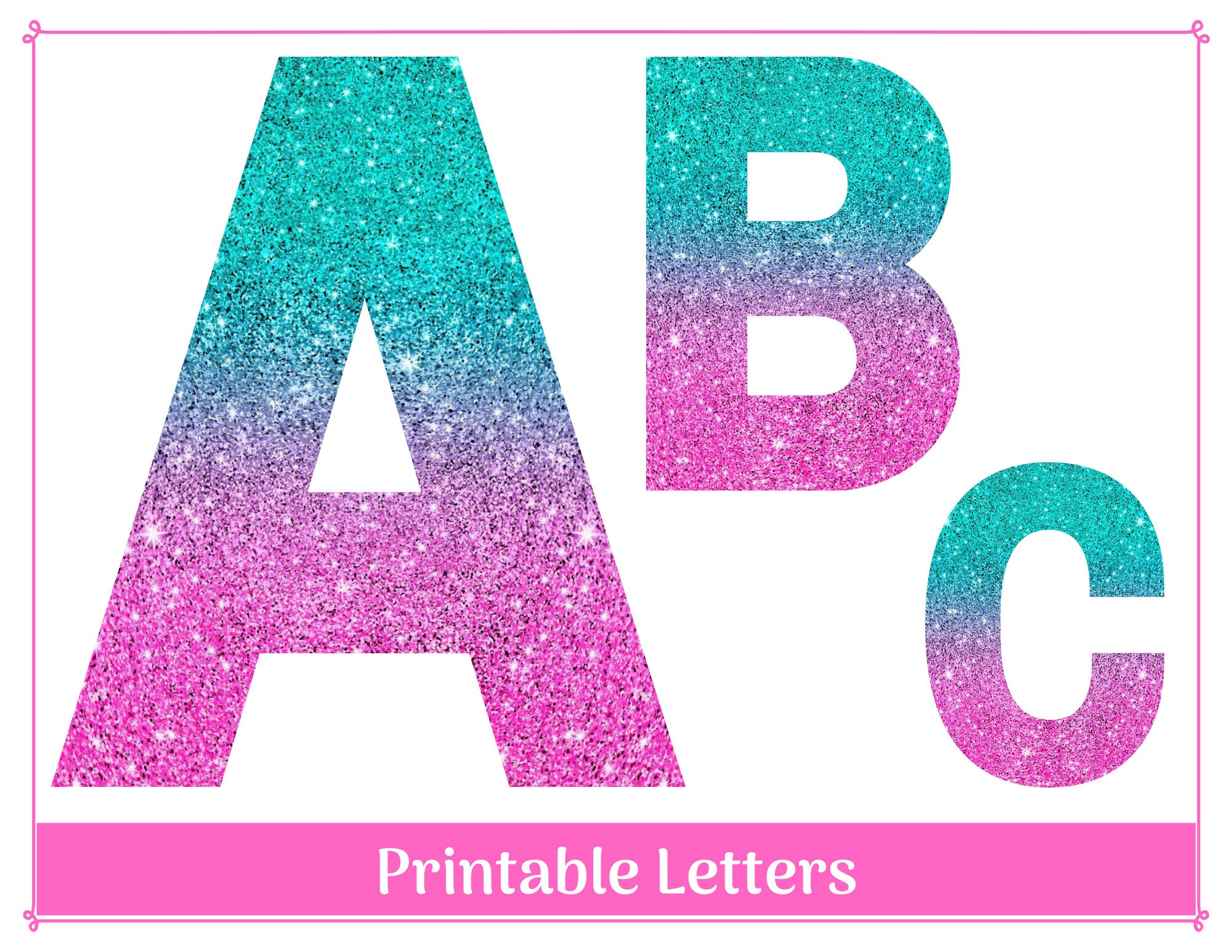 Teal and Pink Glitter Alphabet Letters A-Z, Numbers 0-9 Printable