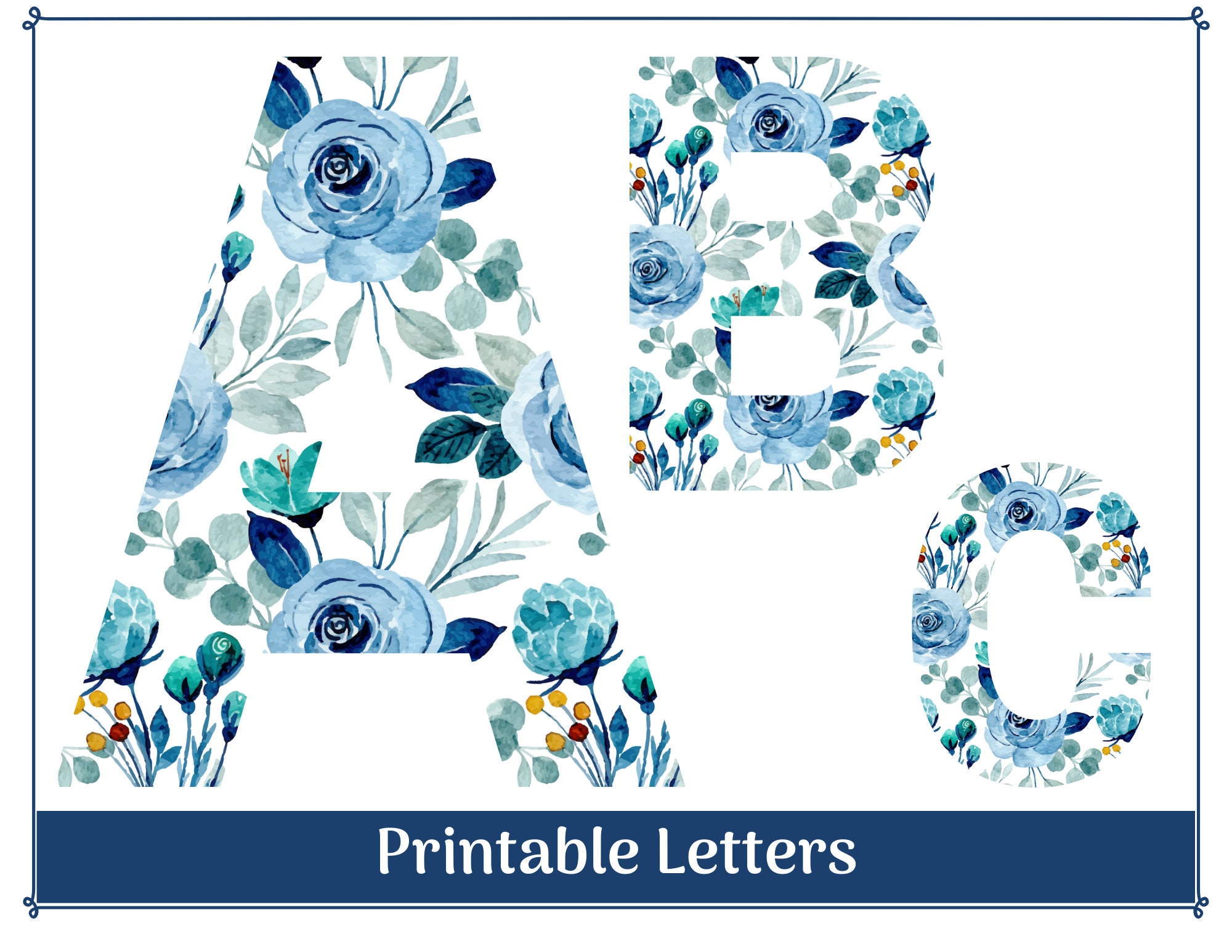 Blue Floral Alphabet Clip Art Letters A-Z and Numbers 0-9