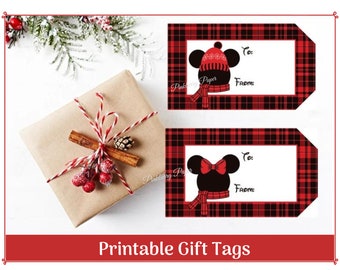 Buffalo Plaid Mickey and Minnie Inspired Christmas Gift Tags | DIY Printable Gift Tags | Holiday Gift Tags