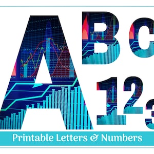 May include: Printable letters and numbers with a blue and red stock market chart design. The letters are A, B, and C. The numbers are 1, 2, and 3.