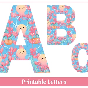 Clipart alphabet pieuvre mignon lettres de A à Z et chiffres de 0 à 9 | Bannière imprimable, babillard, scrapbooking, lettres et chiffres