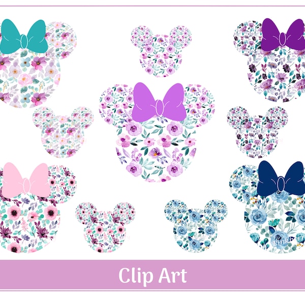 Floral Minnie Mouse Head Clip Art: Printable PNG Designs (Digital Download)