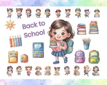Watercolor School Kids Clipart: Back to School PNG Bundle (Digital Download
