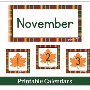 May include: Printable calendar for November with a plaid border. The numbers 1, 2, and 3 are displayed on individual squares with a fall leaf design.