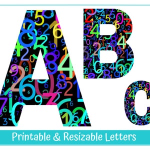 May include: Printable and resizable letters A, B, and C, each filled with colorful numbers on a black background.