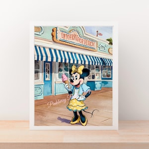 Impressão de arte de parede em aquarela da Minnie no calçadão, arte de parede da Minnie na rua principal, arte de parede para impressão, impressão digital, download instantâneo