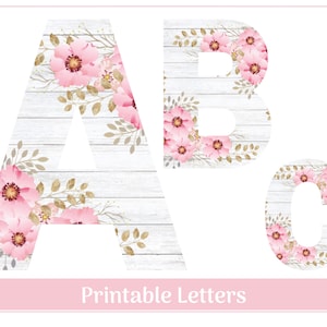 Letras del alfabeto floral Cottage Chic A-Z, imágenes prediseñadas de números 0-9, pancarta imprimible, tablón de anuncios, letras y números de álbumes de recortes