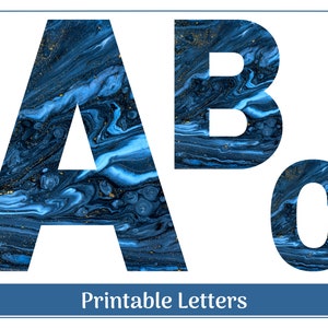 Lettres de l'alphabet en marbre bleu de A à Z, chiffres de 0 à 9 clipart, bannière imprimable, babillard, lettres et chiffres de scrapbooking
