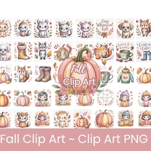 Cute Whimsical Fall Clip Art, Pastel Watercolor Pumpkins, Lattes, Coffee Kawaii Fall PNG Graphics for Stickers, Cards & Crafts