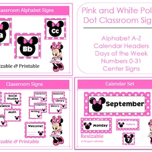 Pink and White Polka Dot (Minnie Inspired) Classroom Signs & Calendar Set | Alphabet Chart | Instant Digital Download