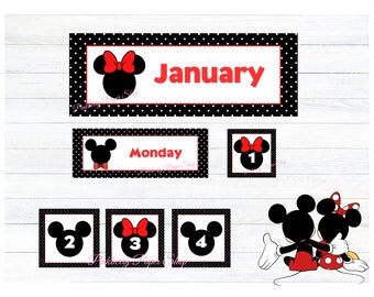 Mickey & Minnie Classroom Calendar Set | Printable Black Polka Dot Classroom Headers-Days of Week - Numbers 1-31