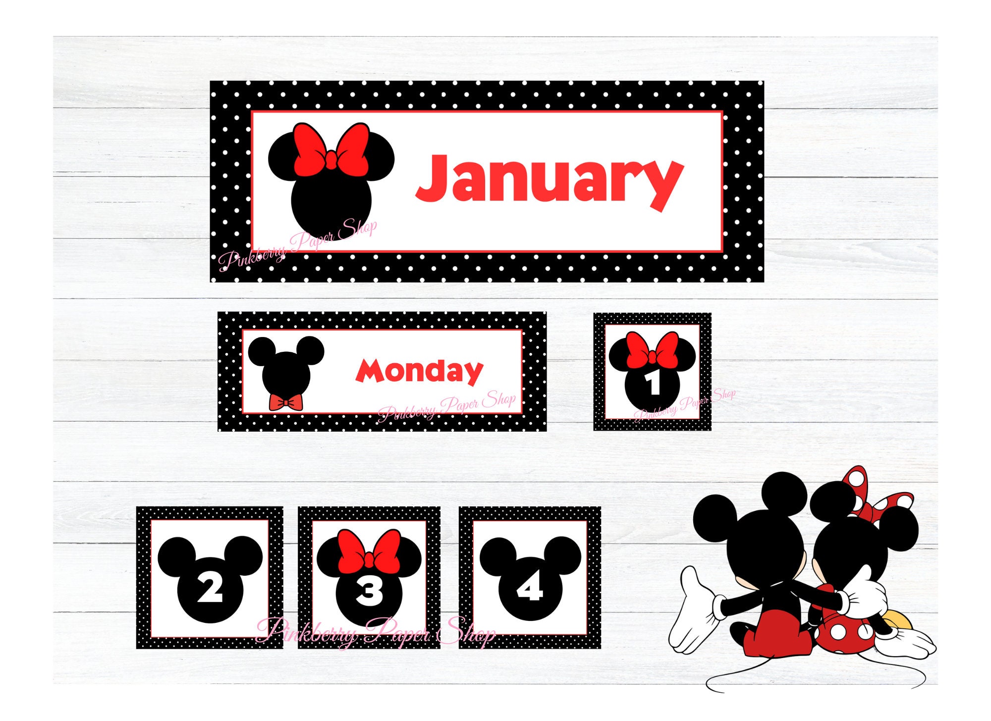Mickey & Minnie Classroom Calendar Set | Printable Black Polka Dot Classroom Headers-Days of Week - Numbers 1-31