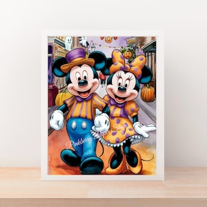 Impressão de parede em aquarela com tema de Halloween do Mickey e Minnie na Main Street, arte de parede nada assustadora, impressão digital, download instantâneo