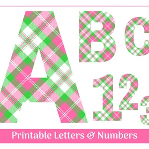 Preppy Pink and Green Plaid Alphabet Clip Art Letters A-Z and Numbers 0-9 | Banner - Bulletin - Scrapbooking – Sublimation Sets