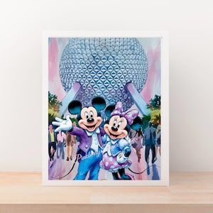 Epcot Mickey & Minnie Watercolor Print, Theme Park Watercolor Prints, Printable Wall Art, Spaceship Earth Print, Instant Download