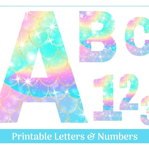 Pastel Mermaid Alphabet Letters & Numbers with Gold Glitter Scales | Banner - Bulletin - Scrapbooking – Sublimation Letters