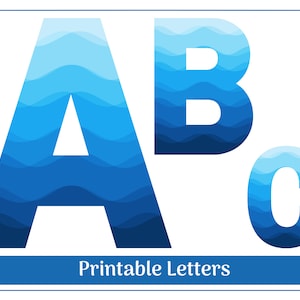Clipart alphabet vagues bleues, lettres de A à Z, chiffres de 0 à 9 | Lettres océaniques imprimables | Bannière - Babillard - Scrapbooking - Lettres