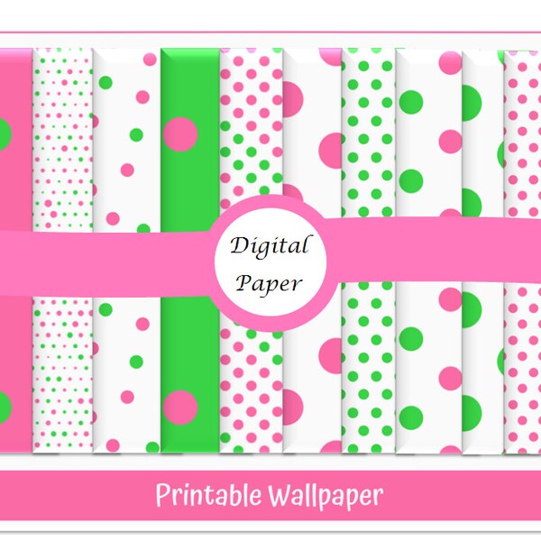 Pink and Green Polka Dot Digital Paper | Preppy Printable Paper | Scrapbook Paper | Instant Download