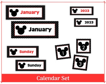 Mickey Classroom Calendar Set | Printable Black Polka Dot Classroom Headers-Days of Week - Numbers 1-31