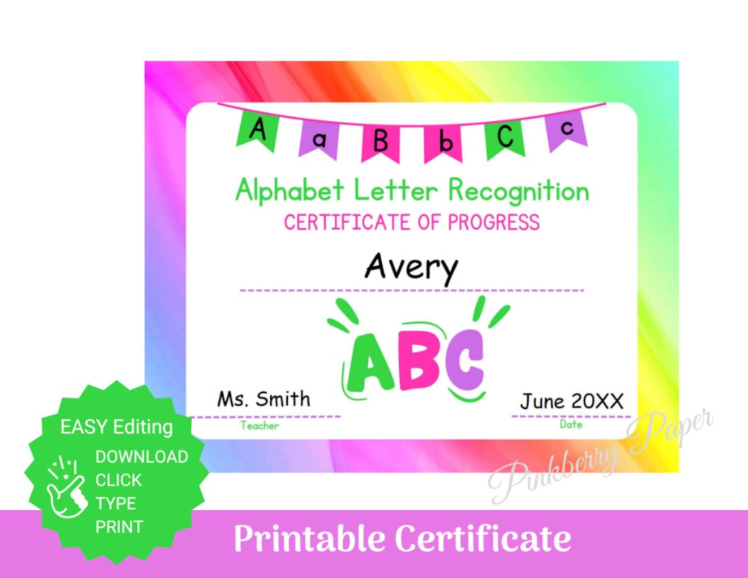 Alphabet Certificate Printable and Editable Certificates Classroom