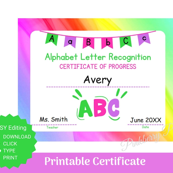 Alphabet Certificate | Printable and Editable Certificates | Classroom Forms | Neon Rainbow | Instant Download | PDF Fillable Forms