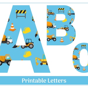 Clipart alphabet et nombre de camions de chantier bleus | Lettres décoratives imprimables | Bannière fête de la construction | Alphabet pour la classe