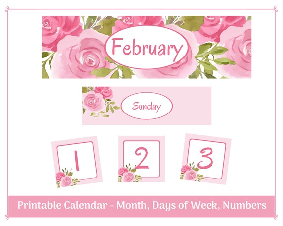 February Classroom Calendar Header, Days and Numbers Pink Floral Calendar  Digital Download - Etsy