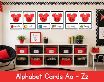 Karty alfabetyczne inspirowane Myszką Minnie, baner z literami i obrazkami dźwiękowymi