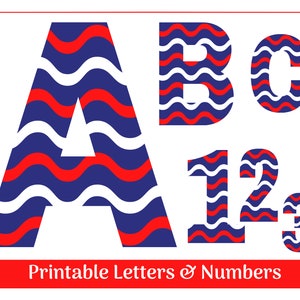 Clipart patriotique de vagues rouges, blanches et bleues, lettres et chiffres de l'alphabet | Imprimable en majuscules de A à Z, chiffres de 0 à 9 | Tableaux d'affichage